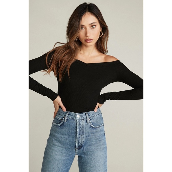 Belen Black Stella Ribbed Long Sleeve Off the Shoulder V-Neck Top EUC Size M - Picture 4 of 10